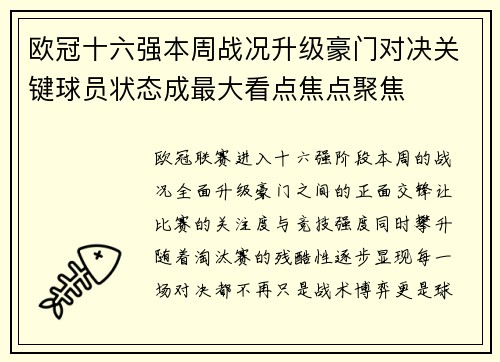 欧冠十六强本周战况升级豪门对决关键球员状态成最大看点焦点聚焦